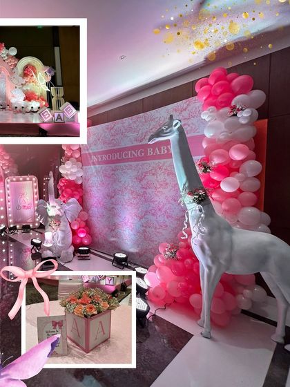 This collage captures the details of the pink luxury shower, including the giraffe prop, floral centerpiece, and elephant figure, all tied together with a pink bow motif.
