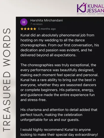 "He delivered beyond all expectations." This review from the bride highlights my work as both a host and a choreographer, bringing out the best in everyone.