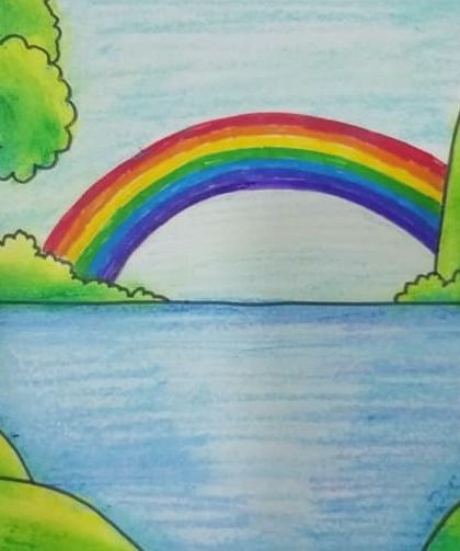 A beautiful landscape from my juniors' corner. They did a great job creating the rainbow and the reflection in the water using oil pastels.