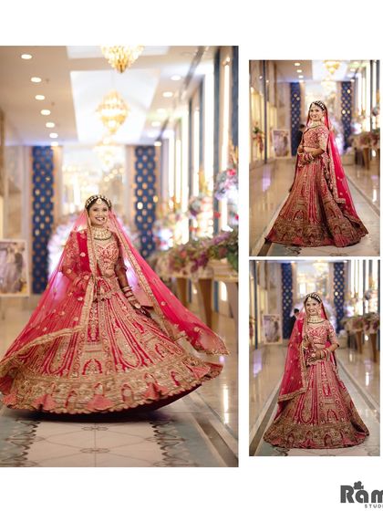 A dynamic collage of the bride twirling in her grand lehenga in a beautifully lit corridor, capturing the movement and splendor of her outfit.