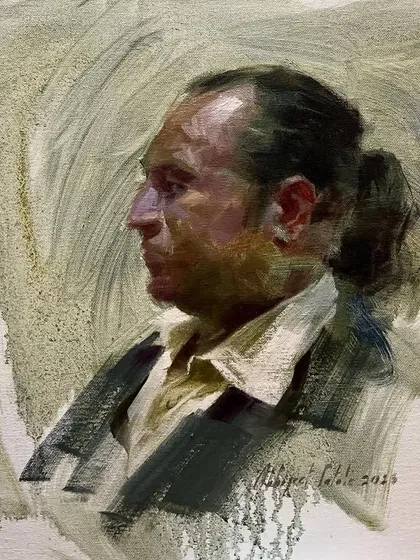 A live demonstration portrait of a model with a ponytail, painted in oil on canvas. The focus was on capturing the profile and form with rapid, decisive brushstrokes in a limited time.