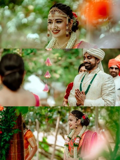 A triptych of candid moments from an outdoor wedding, capturing the bride's smile, the groom's respectful greeting, and their shared glances.