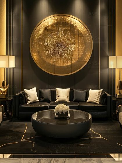 Another view of a bold black and gold living room, showcasing the dramatic circular wall art that serves as the centerpiece. The lighting is designed to highlight the metallic accents and create a warm, inviting glow.
