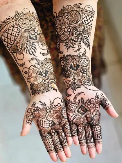 A bold and beautiful bridal design combining geometric grids with delicate rose motifs for a modern yet traditional feel.