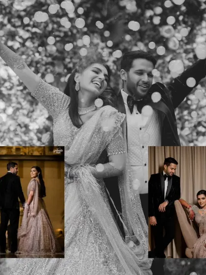 A creative black and white collage from a reception. The overlay effect adds a dreamy, celebratory feel, capturing the magic of the night.