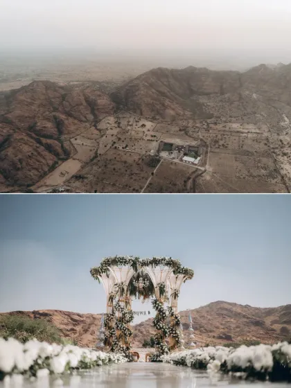 A stunning contrast between the vast, arid landscape and the intricate floral mandap set up for Malay and Nishi's ceremony. This shows how we can create breathtaking beauty even in the most rugged locations.
