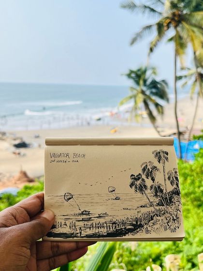 Another angle of my Vagator Beach sketch, with the real view in the background. The palm trees and parasailers made for a dynamic scene.