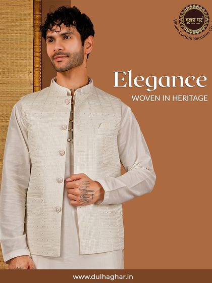 Elegance woven in heritage. A classic off-white textured Nehru jacket paired with a matching kurta for a timeless and clean look.