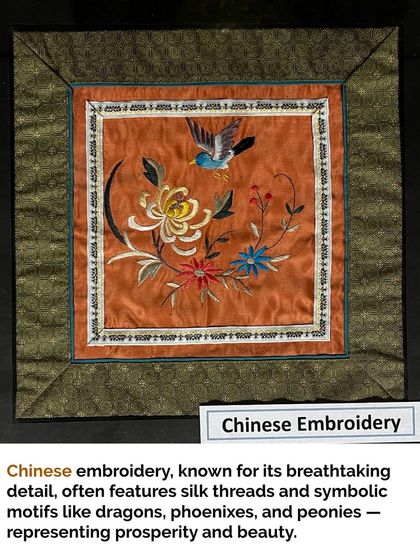 An example of Chinese embroidery, known for its breathtaking detail and use of silk threads. Symbolic motifs like birds and peonies are often used to represent prosperity and beauty.