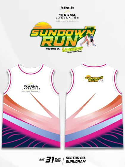A look at the official race T-shirt for the Sundown Run 2025, a stylish keepsake for all our participants running at Karma Lakelands.