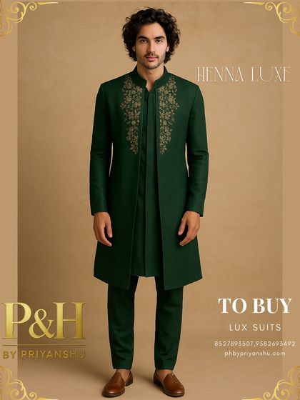 The full silhouette of the dark green jacket and kurta set, demonstrating its graceful movement and modern cut.