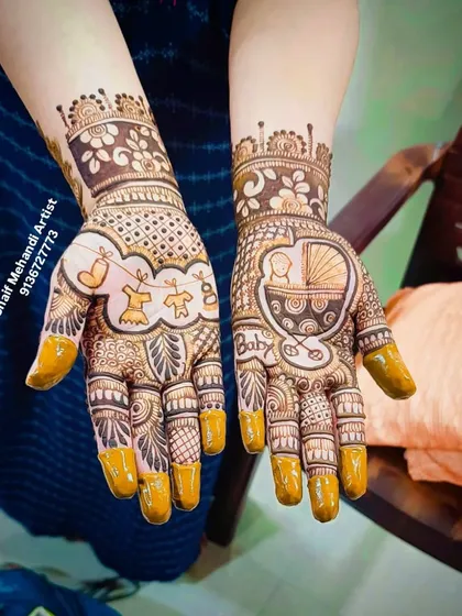 A clear, top-down view of the baby-themed mehandi, perfect for capturing the excitement of a baby shower.