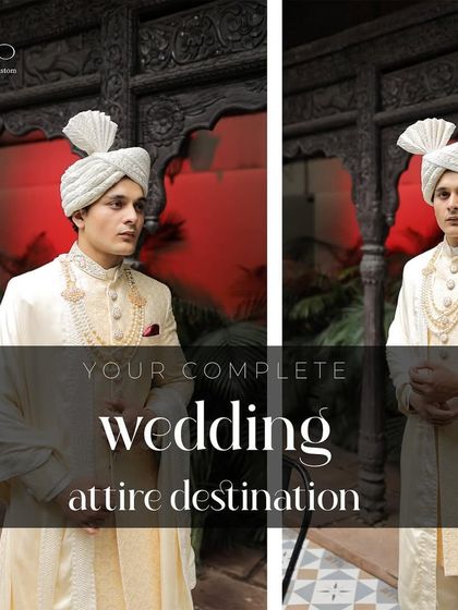 Your complete wedding attire destination. This image captures the full regal look, from the perfectly draped shawl to the traditional turban, all customized for you.