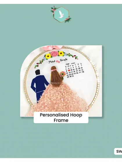 For a truly personal wedding or anniversary gift, I create custom embroidered hoops. I stitch a portrait of the couple, their names, and highlight their special date on a mini calendar, even using 3D elements like tulle for the bride's dress to make it pop.