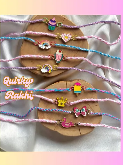 Our collection of quirky kids' rakhis includes fun designs like rainbows, ice cream, crowns, and butterflies. They are lightweight and perfect for tiny wrists.