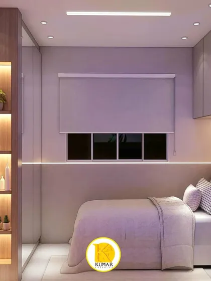 This view highlights the built-in wardrobe with a mirrored door and an open shelving unit with integrated lighting for display.