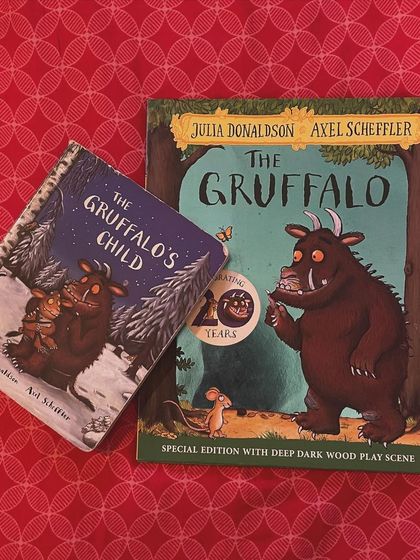 The iconic covers of 'The Gruffalo' and 'The Gruffalo's Child'. These Julia Donaldson classics are staples in our story circle for their wit, charm, and lessons in bravery.