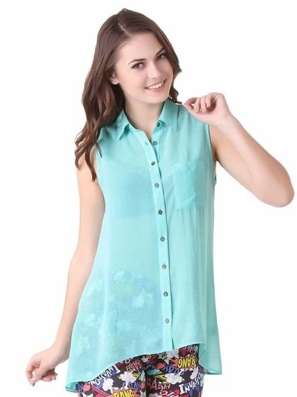 A simple, clean shot of an international model in a sheer sleeveless top, perfect for an Amazon or Flipkart product page.