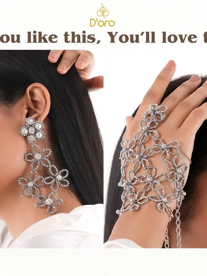 Our silver floral earrings have a matching hand harness. This set is perfect for a coordinated, glamorous look.
