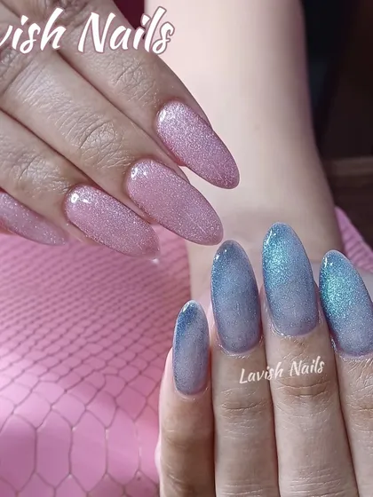 A dual-toned set showing off the cat-eye effect in both a shimmery pink and an iridescent blue.