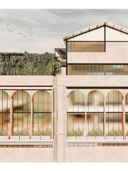 An architectural collage exploring ideas for a suburban lounge bar. This conceptual drawing layers ideas of arched windows, a rooftop garden, and a living facade to create a vision for a healthy, plant-filled social space.