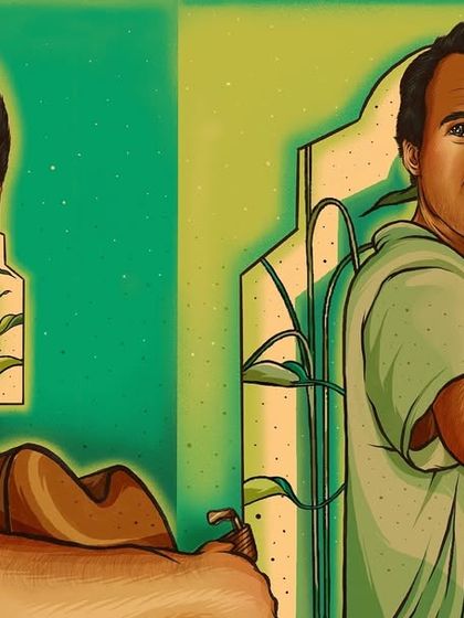 A diptych-style portrait of Stephen Buono (Church Chords), playing with themes of nature and stained glass to reflect his soundscapes.