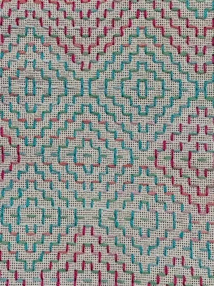 A close-up of the geometric pattern. The joy and peace that come from doing hand embroidery are immense, no matter what you call the stitch.