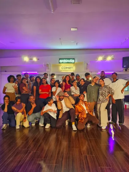 The stylish group from the Som x Theertha collab class, looking fresh after their funky routine.