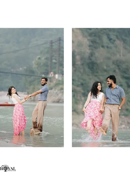 A diptych showing a couple holding hands and splashing playfully in the river.