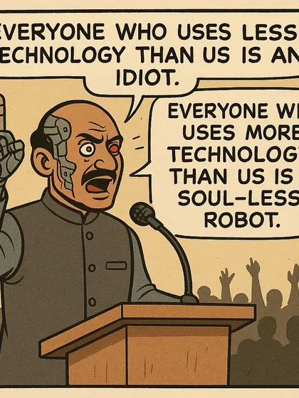 A satirical comic about our contradictory views on technology. This is the kind of pointed commentary I enjoy creating, using a simple visual to make a sharp observation about human behavior.