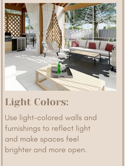Using light colored walls and furnishings is another key strategy. These surfaces reflect light, making spaces feel brighter and more open, as seen in this airy outdoor gazebo.