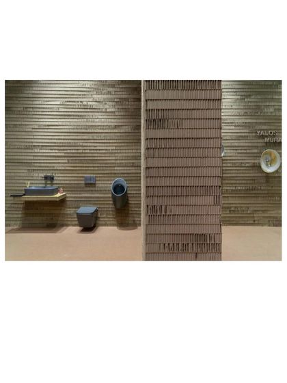 Another view of the stall's interior, showing how different bathroom products are arranged in distinct zones. The design is both aesthetically compelling and highly functional as a product showcase.