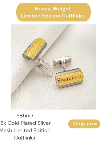 A rectangular version of the mesh design cufflinks, this pair is also 18k gold-plated over 92.5 silver. The design is modern and sophisticated.
