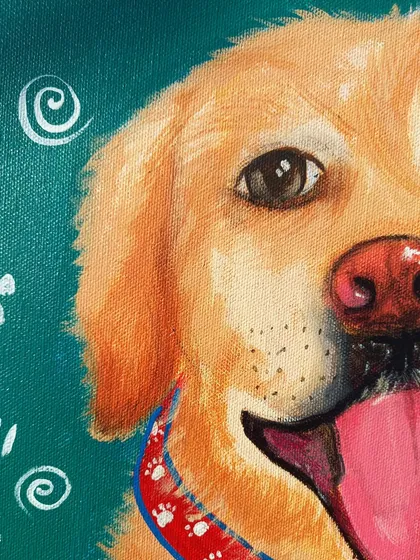 A detailed close-up of Nutty's face from the pet portrait. I focused on capturing the light in his eyes and his happy, panting expression.