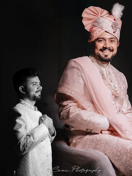 A creative groom's portrait, combining a black and white shot with a smiling color photo in his wedding attire.