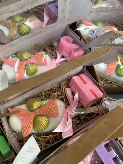 A personalized mermaid gift box with a mermaid popsicle soap and a custom initial soap, ready to delight a little one.