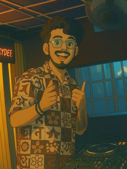 A cheerful thumbs-up in this anime portrait. The design on the shirt incorporates traditional motifs, reflecting my versatile music style.