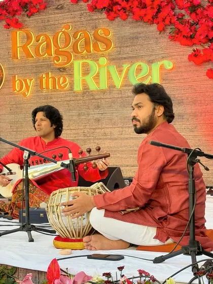 On stage with the renowned sarod maestros Amaan Ali Bangash ji and Ayaan Ali Bangash ji. Accompanying them is an exercise in precision and dynamic interplay.