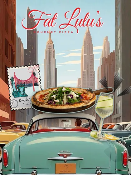 A vintage-style illustration of a car driving through New York with a pizza and a cocktail on top. I don’t just serve food, I serve a reason to celebrate.