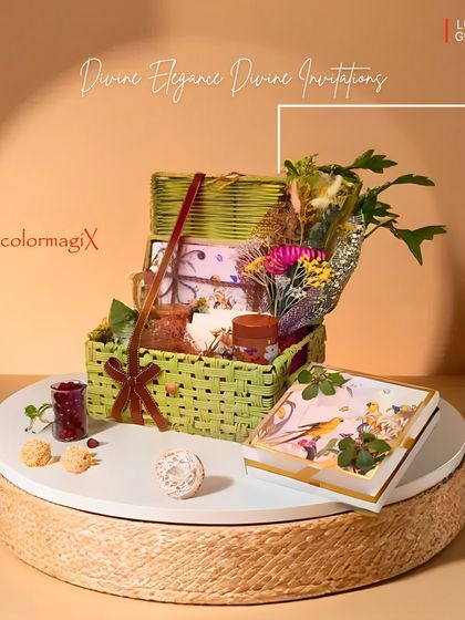 "Divine Elegance, Divine Invitations." This image presents our green jute hamper as a perfect option for sending out special invitations or as a standalone festive gift.