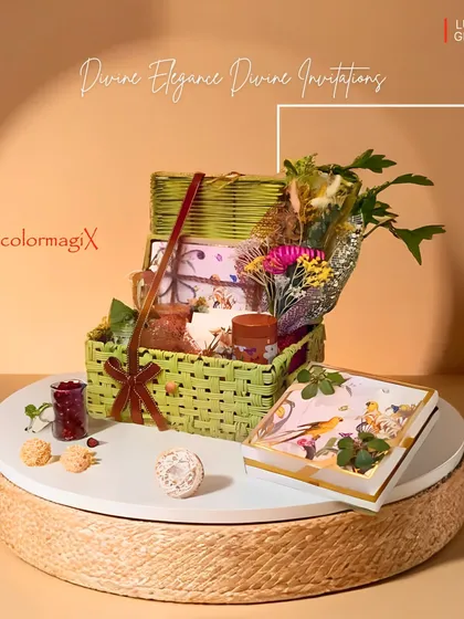 Divine elegance, divine invitations. Our green jute hamper presented on a rotating stand, showcasing its beauty from all angles. It's a perfect invitation hamper for a special event.