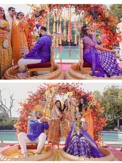 This collage captures the fun and games of a modern Haldi ceremony, from the couple being showered with flower petals to posing with their friends by the pool.