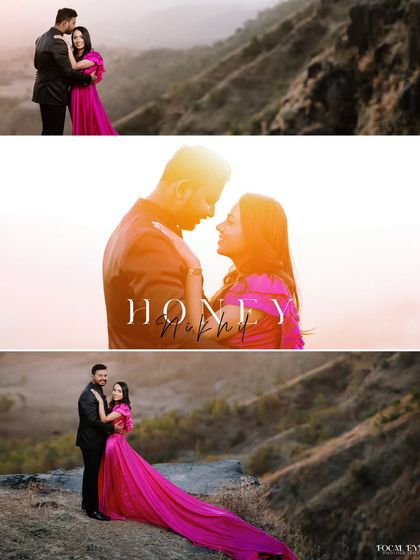 A series of photos from a hilltop pre-wedding session, highlighting the flowing pink gown against the hazy mountain backdrop. The central image features a beautiful close-up in the golden light.