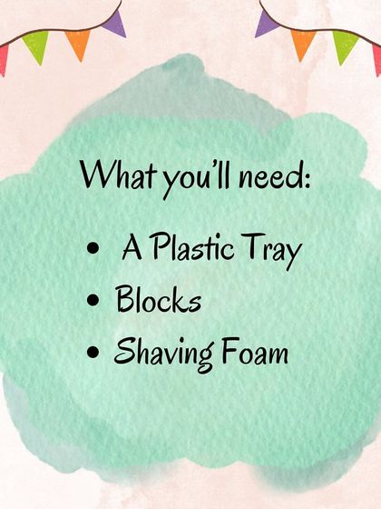 An infographic for a sensory activity using shaving foam and blocks. Stacking the blocks with foam as "cement" develops the pincer grip, spatial awareness, and creativity.