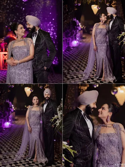 A collage of portraits from the cocktail party, showing different angles and moods, all within the same glamorous theme.