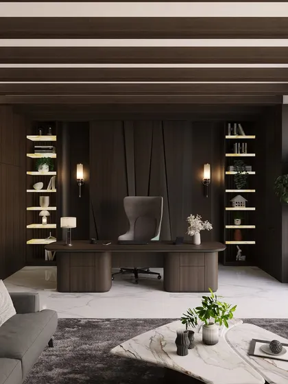 This home office combines dark wood paneling and ceiling beams with soft, ambient lighting to create a professional yet comfortable environment. The design provides ample storage and an executive presence, perfect for focused work.