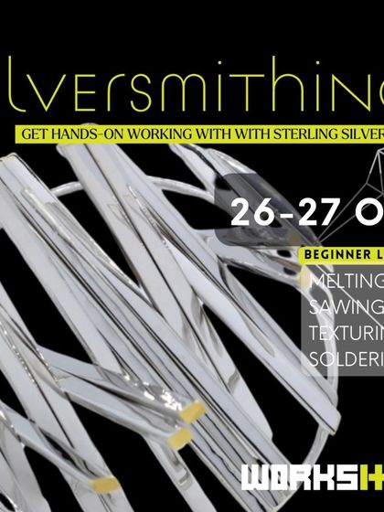 The official announcement for our October silversmithing workshop, highlighting the core skills of melting, sawing, texturing, and soldering for beginners.