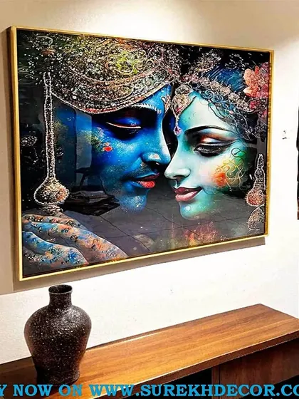 This crystal painting of Lord Radha and Krishna captures a moment of divine love. The rich blues and intricate details in this 24x36 inch piece make it a stunning and spiritual addition to any room.
