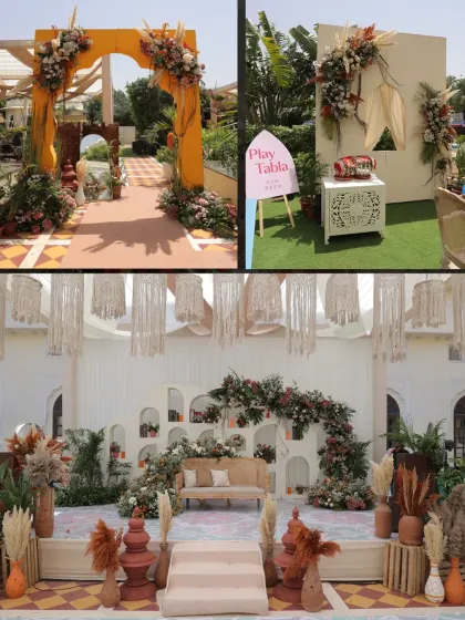 A boho-themed Haldi entrance and stage at Hyatt Regency Jaipur. I used an earthy color palette, macrame hangings, and pampas grass to create a free-spirited and rustic vibe.
