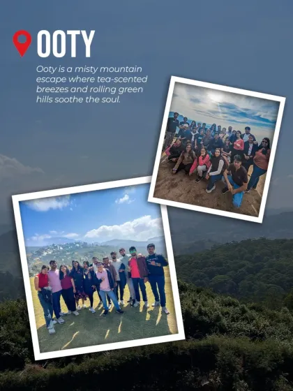 A promotional graphic for our Ooty getaway, showcasing a couple of happy moments from the trip against a backdrop of the Nilgiri hills.